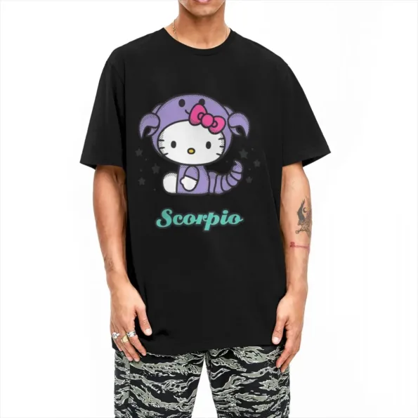 kf S1d97c6bc0c7a4e0c94d0847aad42615f4 T Shirt Manches Courtes et Col Rond pour Homme et Femme 100 Coton Hello Kitty Zodiac