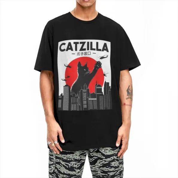 kf Se181ca49295248c490efa9cf117cf1d7z Catzilla T Shirt Manches Courtes et Col Rond en Coton V tement Vintage Hipster Animal Noir