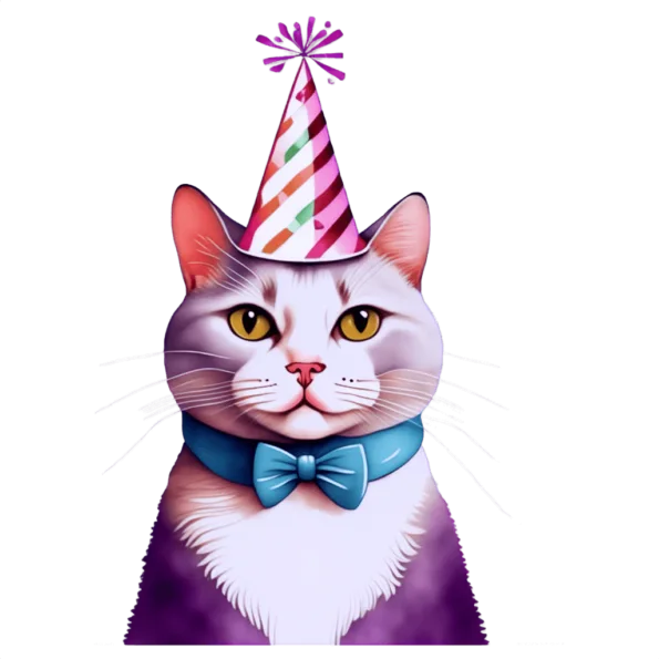 Chat Blanc avec Chapeau d'Anniversaire et Ballons