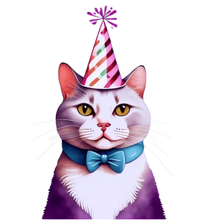 Chat Blanc avec Chapeau d'Anniversaire et Ballons