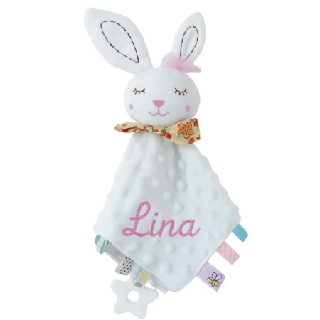 Doudou personnalisé lapin – Prénom brodé pour bébé