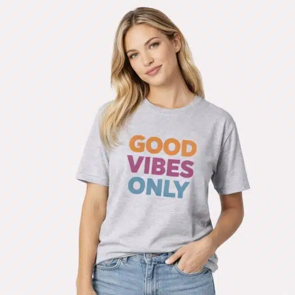 femme portant un t-shirt personnalisé avec du texte imprimé