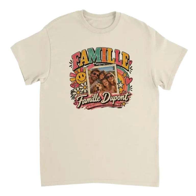 T-shirt famille personnalisé photo et nom style rétro