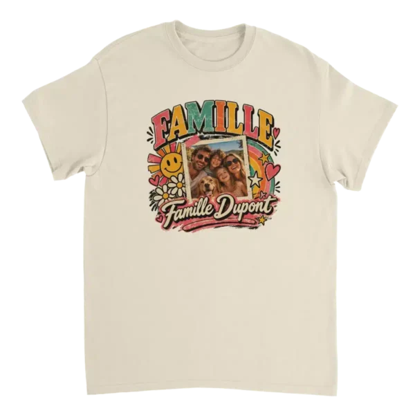 T-shirt famille personnalisé avec photo et nom – Style rétro