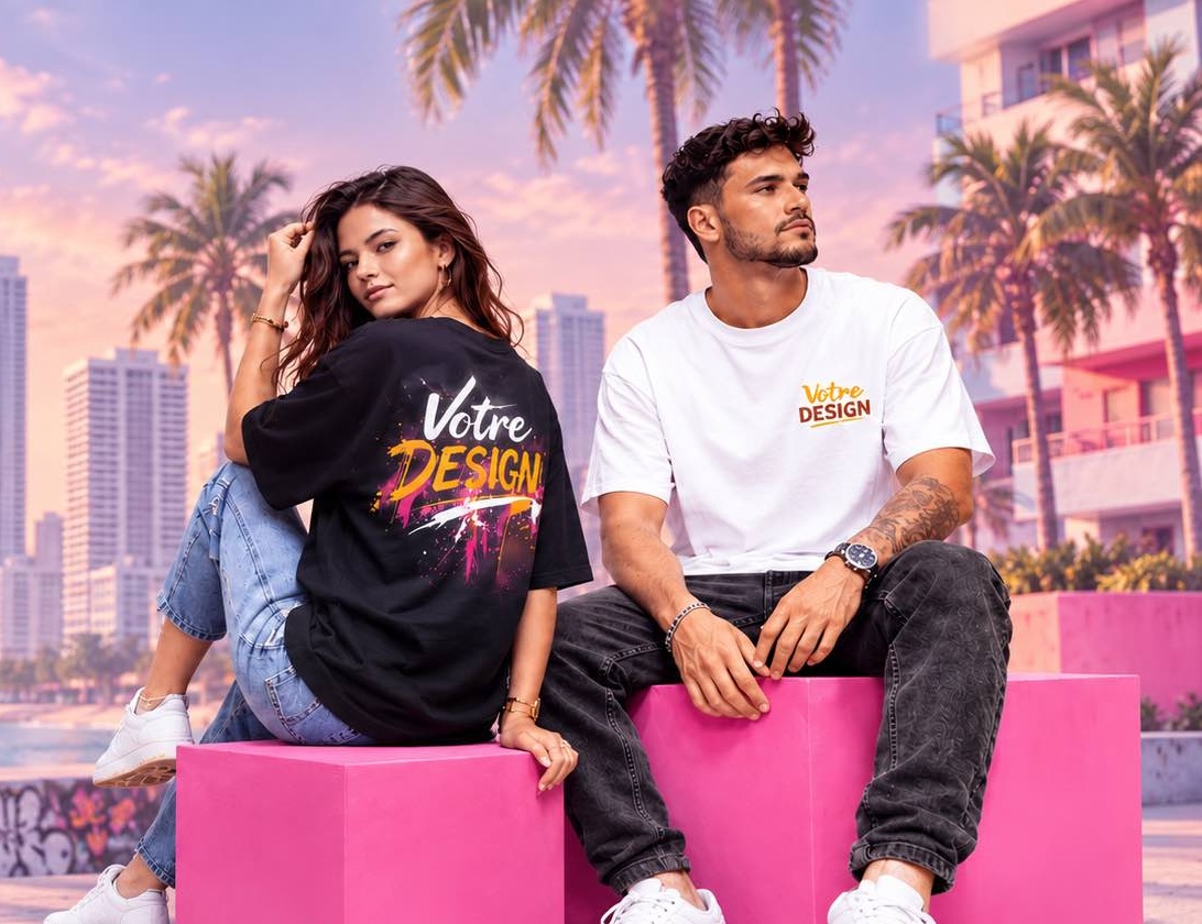 T-shirts personnalisés portés par deux modèles dans un décor urbain pastel