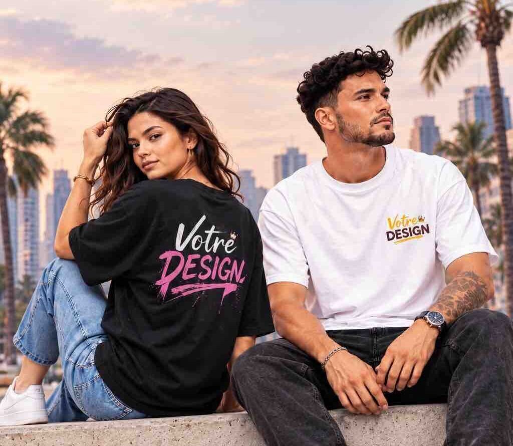 T-shirts personnalisés portés par deux modèles dans un décor urbain pastel